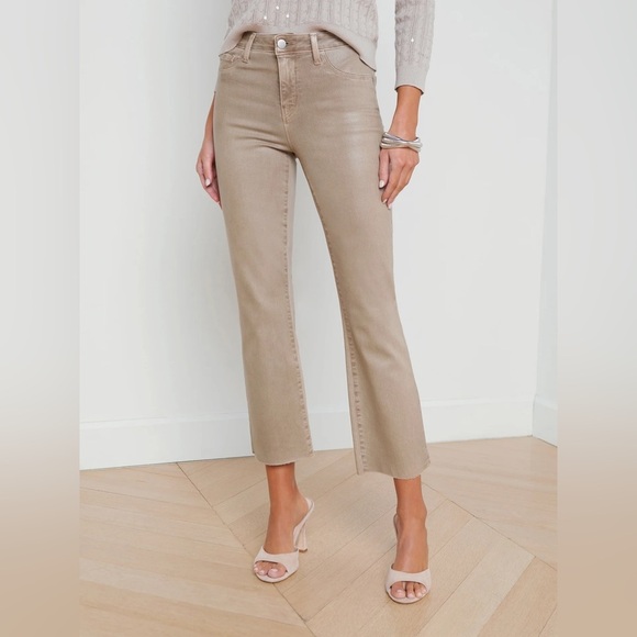 L’AGENCE kendra high rise cropped flare rye coated jeans pants khaki stretchy - Picture 1 of 16